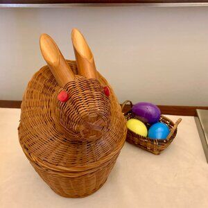 Vintage Wicker and Bamboo Bunny Rabbit Lidded Basket Functional/Whimsical Cute!